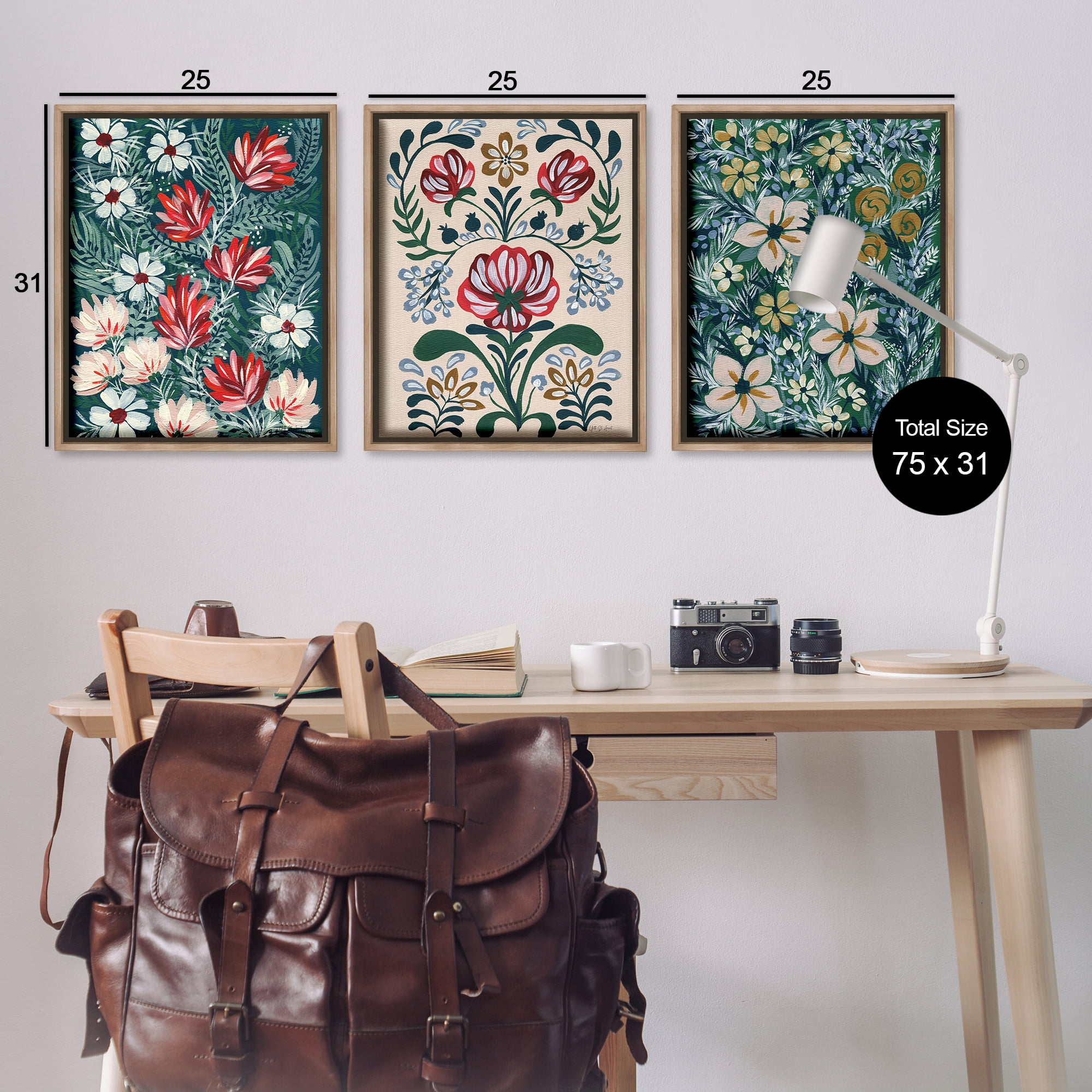 Stupell Industries Boho Folksy Florals Plants & Flowers Painting Brown Floater Framed Canvas Art Print Wall Art, 25 x 31, Set of 3
