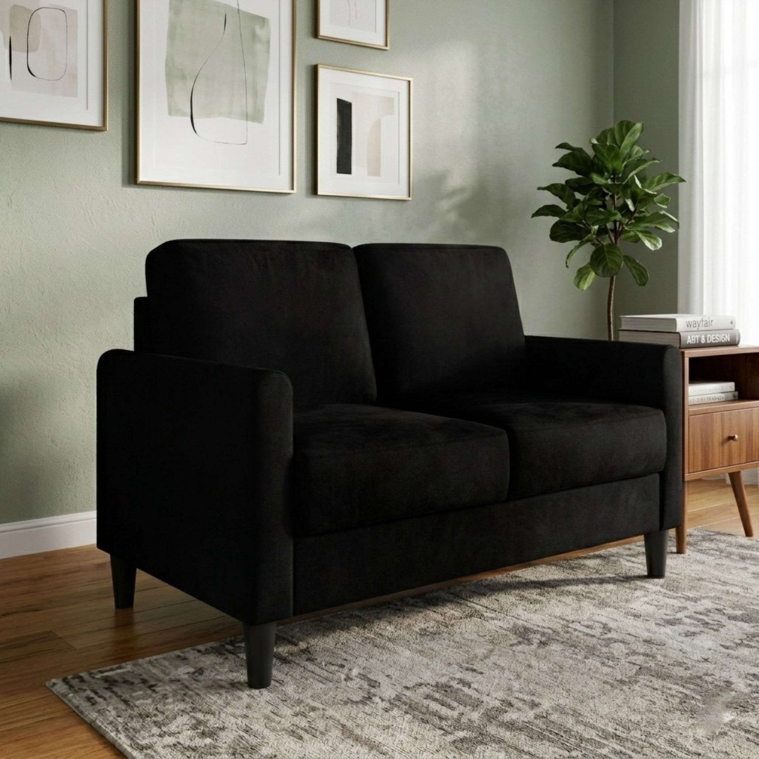 Home Design Goliad Velvet Arm Loveseat with Pocket Spring, Soft Cushions, Clean Lines Design, Black