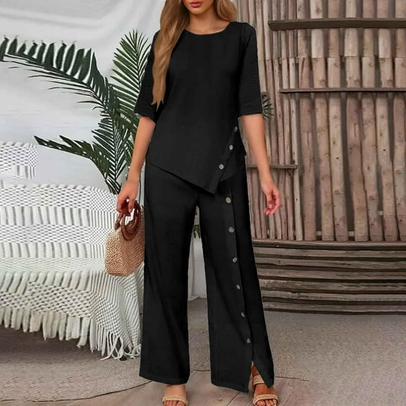 Women Solid Irregular Hem Long Pants Set Casual Button Half Sleeve Shirt Loose Two Piece Set Dress Pant Suits for Women for Work Women Set Celebration Jumpsuit Womens Christmas Suit Striped Suit