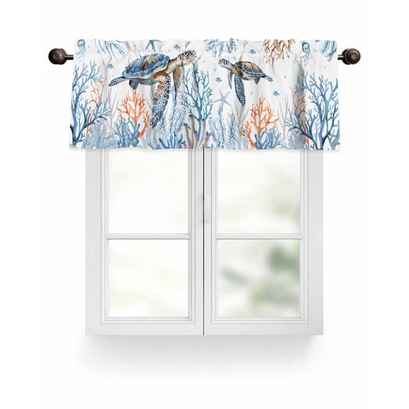 Blue Coastal Ocean Kitchen Valances for Windows Sea Turtle Starfish Coral Valance Curtains for Kitchen /Living Room/Bedroom/ Bathroom Decor, 54"x18 " ,Rod Pocket 1 Panel, White