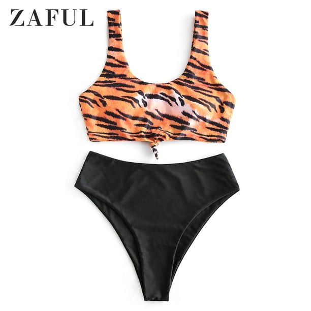 ZAFUL for Women Swimwear Animal Print Knotted High Waisted Tankini ...