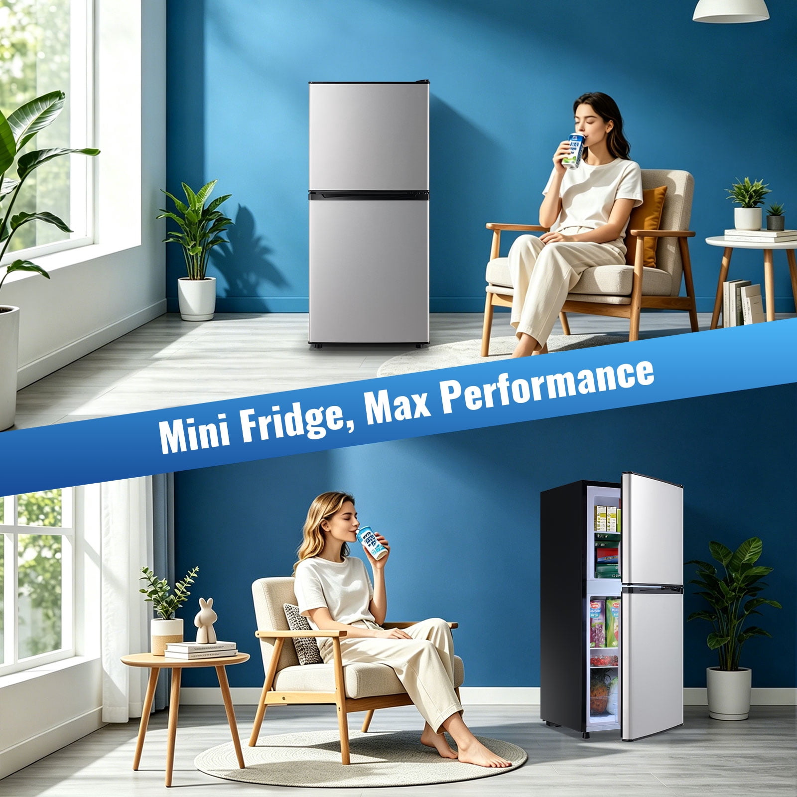 DEMULLER 4.0 Cu.ft Mini Refrigerator with freezer Small Fridge Double Door Adjustable Temperature New Silver