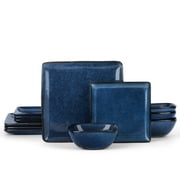 Vesteel 12 Pieces Square Dinnerware Sets, Ceramic Plates and Bowls Sets for 4, Handmade Reactive Glaze Dishes Set for Kitchen Dining, Microwave & Dishwasher Safe, Ocean Blue