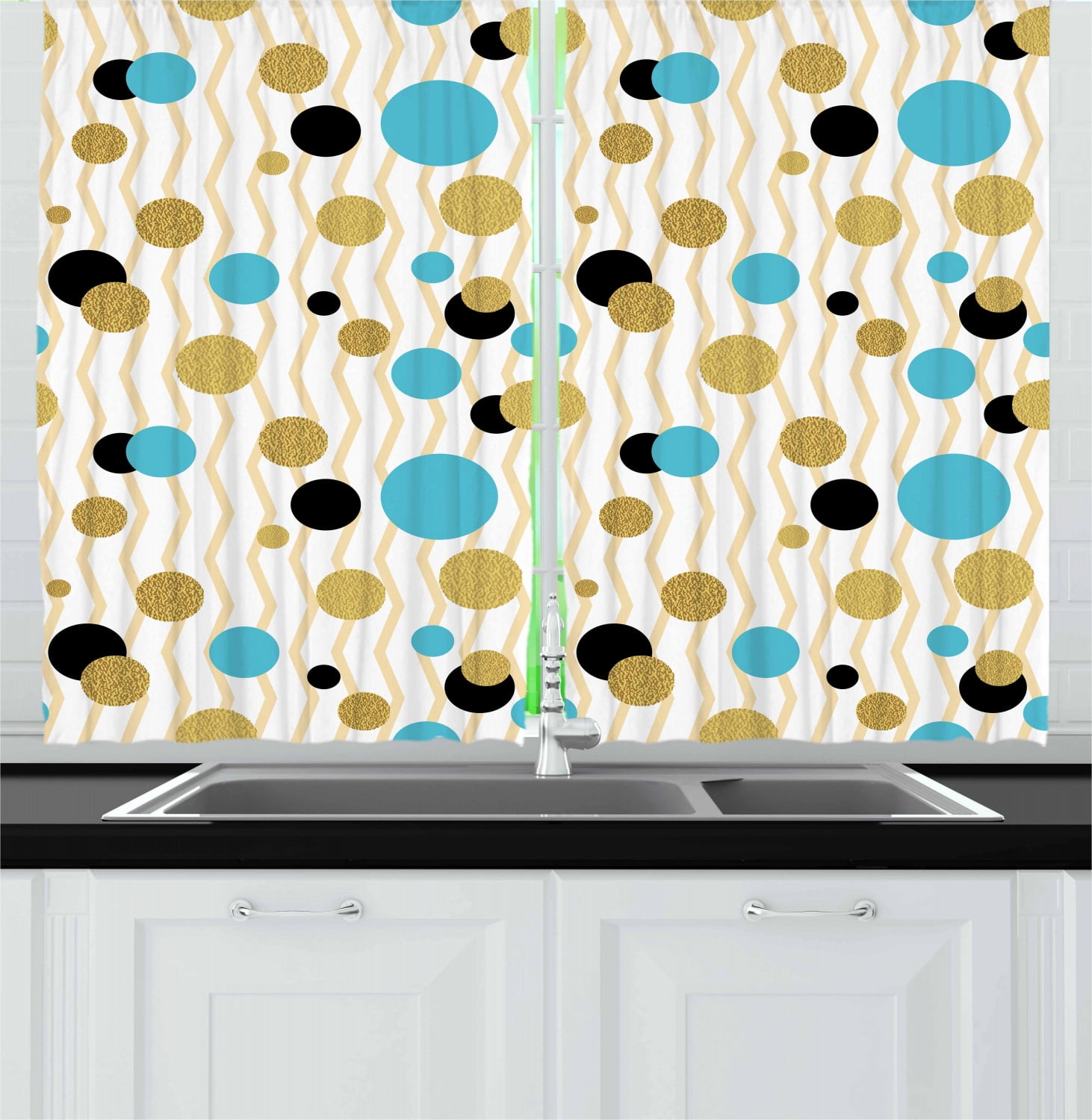 Abstract Curtains 2 Panels Set, Trippy Geometric Circles Dotted Gold
