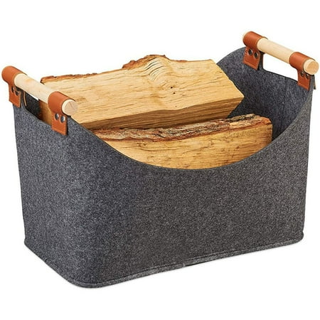 

Felt Firewood Basket with Wooden Handles Foldable & Multifunctional Protects Dark gray