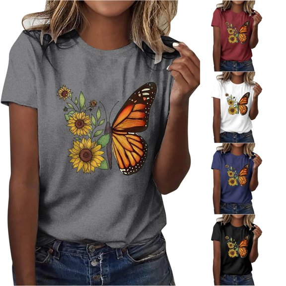 Trendfront Womens Butterfly Graphic Print Tee Summer Fashion Short Sleeve T-Shirts Crewneck Casual Artistic Nature Style Trendy Tops