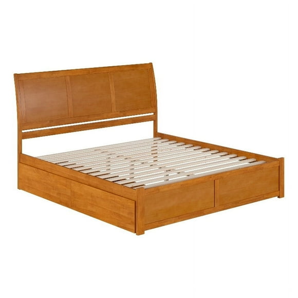 Portland King Wood Platform Bed with Footboard and Drawers in Light Toffee