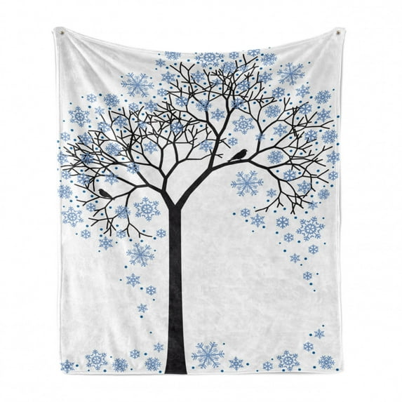 Winter Soft Flannel Fleece Blanket, Barren Tree Silhouette Snowflake Leaves Hand Drawn Interpretation Snow Season, Cozy Plush for Indoor and Outdoor Use, 50" x 60", Blue Black White, by Ambesonne