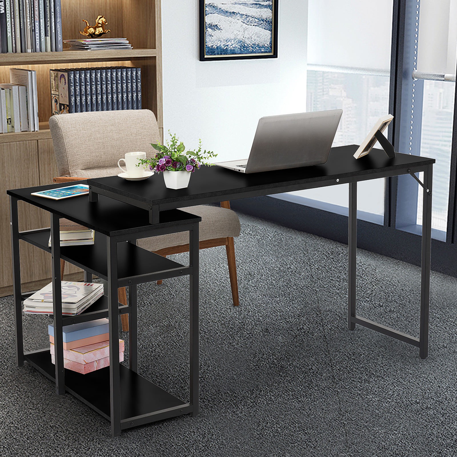 Details about   L-Shaped Computer Desk With Storage Shelves Study Table For Home Office Black 