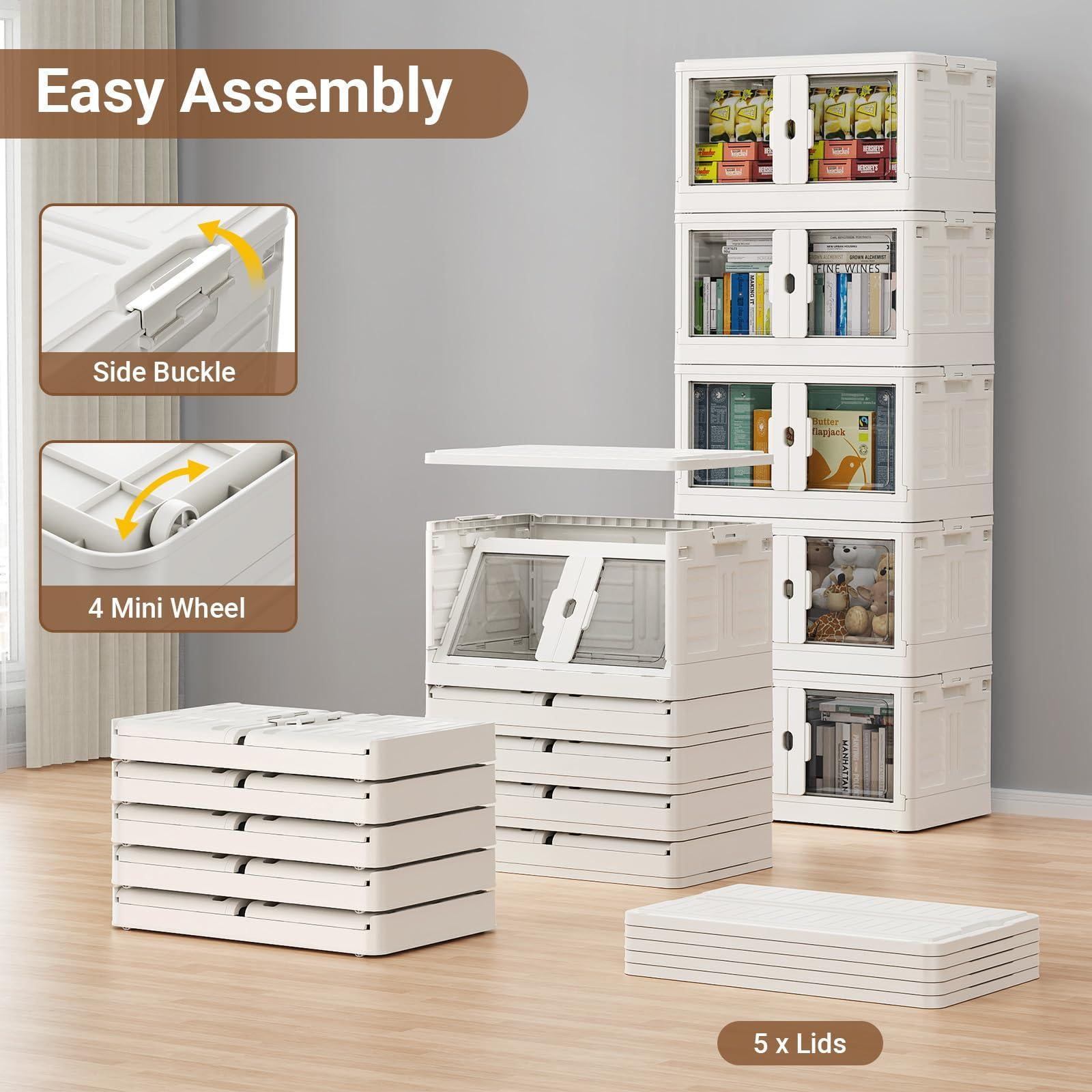 BROVIEW 460 QT Stackable Collapsible Storage Bins with Individual Lids, Wheels & Doors, Large Plastic Latching Boxes Closet Organizers and Storage Cabinet Shelves, for Home, Office, 4-Pack, White