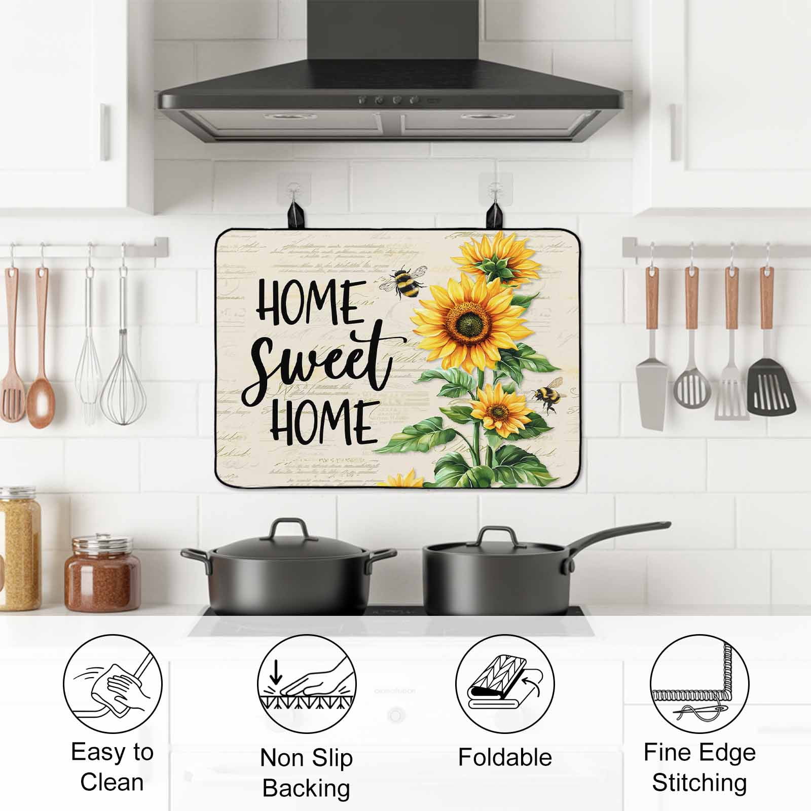 Sunflower Stove Top Cover for Electric Stove, Heat-proof & Non Slip Glass Top Stove Cover Protector, Summer Botanical Bee Farmhouse Watercolor Kitchen Flat Cooktop Rubber Mat 24x21 Inches