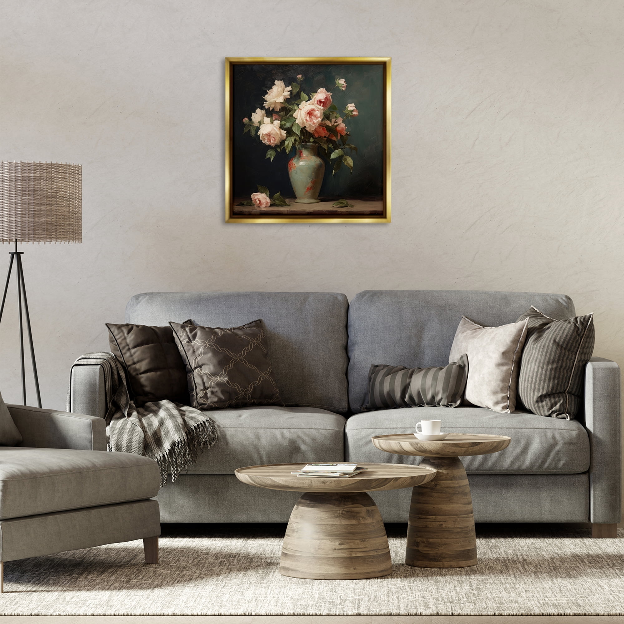 Stupell Industries Vintage Bunches in Vase Plants & Flowers Painting Gold Floater Framed Canvas Art Print Wall Art, 25 x 25