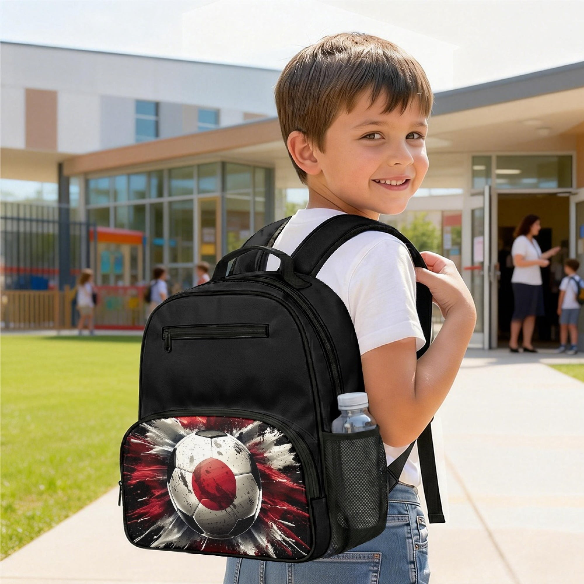 Chririnla Side Mesh Pockets Preschool Backpack for Kindergarten Travel, Japan Flag Soccer Ball Lightweight Preschool Kids Polyester School Backpack 13.5 Inch