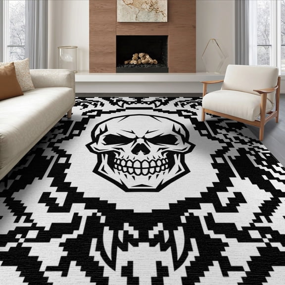 ODIKA 8'x10' Washable Area Rug Non-Slip Chair-Friendly Mat Skull Pixelated Beast Cranium Geometric Block Framework Edgy for Dining Room, Large Office, Lounge
