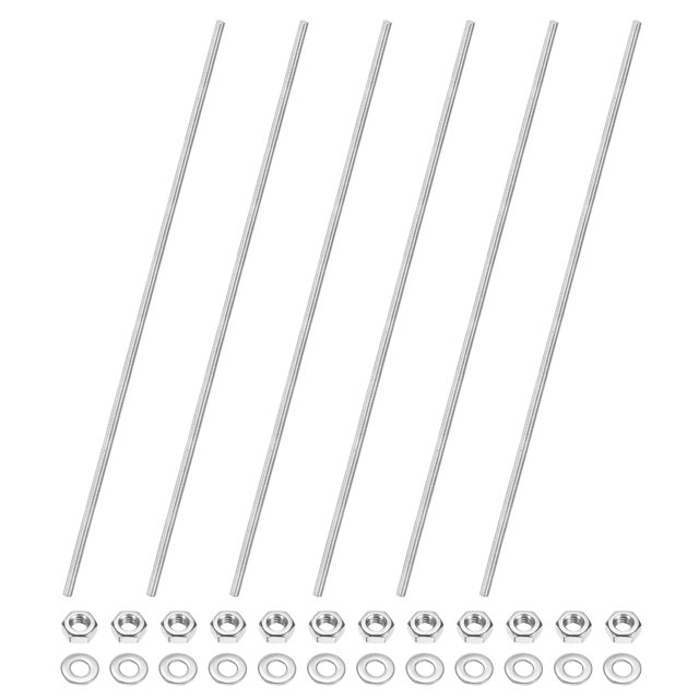 Uxcell Paquete de 6 Varillas Roscadas Completamente, M4x250mm Barra de Rosca a la Derecha de Acero Inoxidable 304 con Tuercas Hexagonales y Arandelas