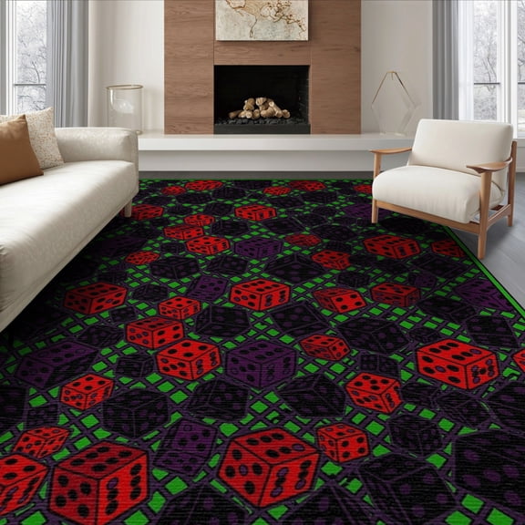 ODIKA 8'x10' Washable Area Rug Non-Shedding, Easy Care, Alt Dice Graphic Funky Aesthetic Streetwear Men Cartoon Anime Flowing Dynamic for King Size Bedroom Under Bed, Master Suite
