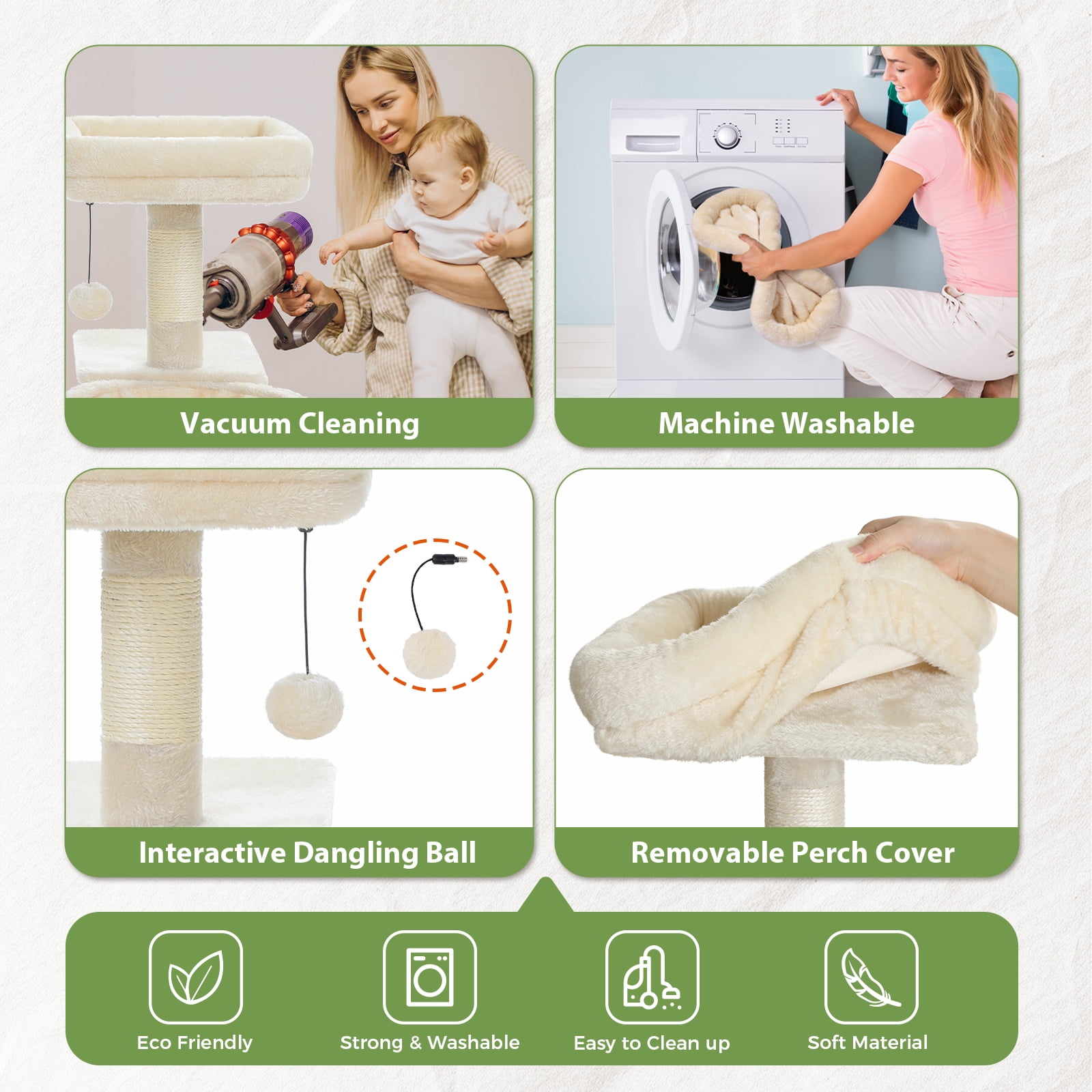 Pefilos 32" Cat Tree Tower, Cute Cat Condo with Sisal Scratching Ramp, Cozy Hammock and Removable Top Bed Perch for Indoor Kittens, Beige