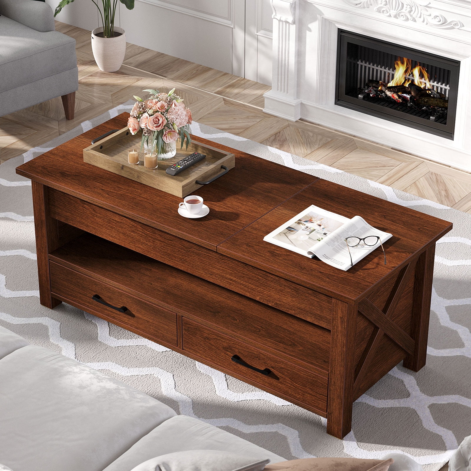 Greenstell Lift Top Coffee Table 47.2"with Storage Drawers and Hidden Compartment,Espresso
