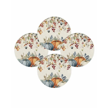 Fall Round Placemats Set of 4 LHarvest Pumpkin Place Mats Thanksgiving Woven Placemat Berry Eucalyptus Leaves Linen Circle Braided Table Mat for Kitchen Dining Table Autumn Party Home Decor 15 Inch