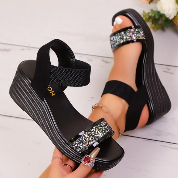 Xucatan Women's Sequin Wedge Sandals, Rhinestone Embellished Open Toe Platform Slippers with Elastic Ankle Strap, Square Toe Chunky Thick Sole Casual Summer Shoes Gift