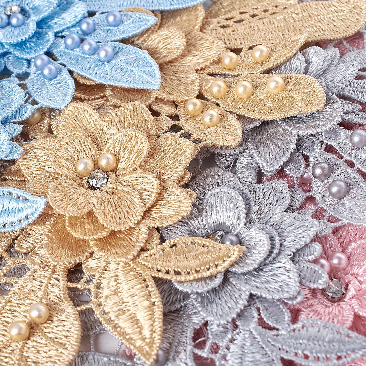 Pearled 3D Flowers Colored Lace Applique