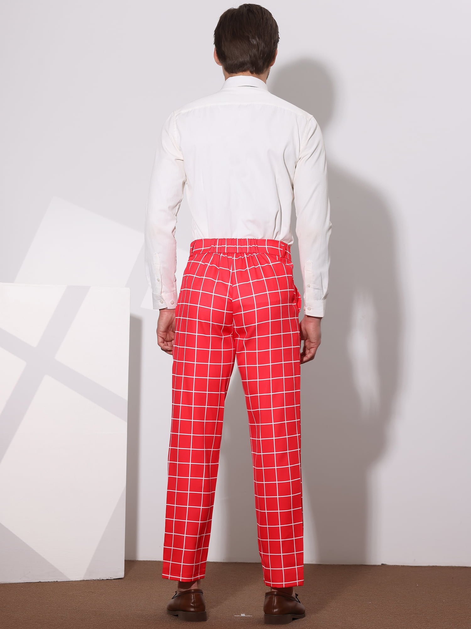 Unique Bargains Men's Plaid Printed Straight Leg Business Casual Checked Pants 28 Red White