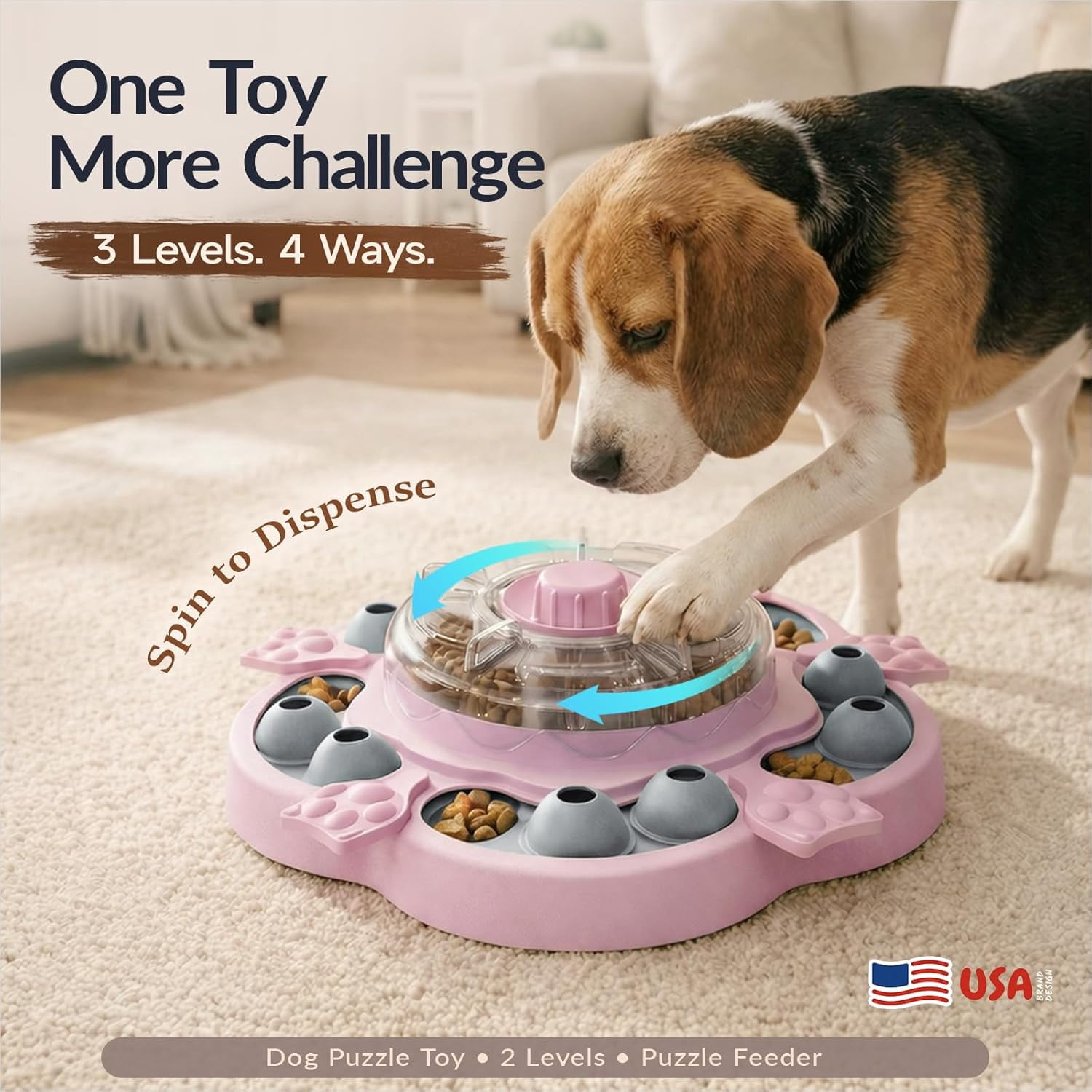 Dog Puzzle Toy, 3 Levels of Step-by-Step Challenge, Spin-to-Release Treat Dispenser, Slow Feeder & Mental Stimulation Enrichment Toy for Small Medium Large Dogs