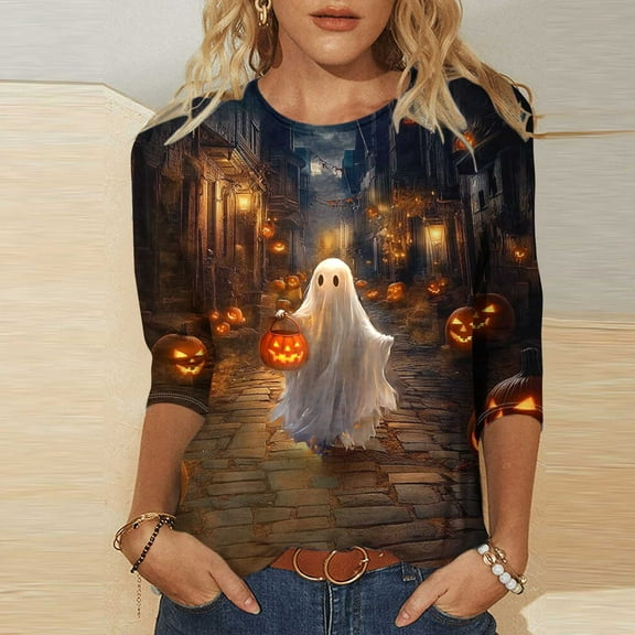 Mgmyaa Fall Womens Shirts 3/4 Sleeve Halloween Pattern Round Neck T-Shirts Plus Size Costumes Blouses Size S-5XL