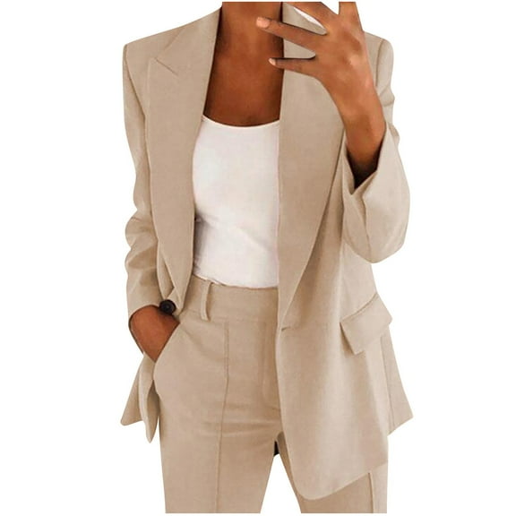 Summer Pejock Women's Blazer Suits, Women's 2 Piece Solid Ruched Sleeve Blazer and Pants, Cardigan Coat Pockets Long Pants Suit, Business Office Lady Suits Sets