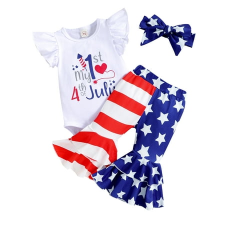 

Girls Fly Sleeve Independence Day 4 Of July Letter Printed Romper Bodysuits Striped Flare Bell Bottomed Pants Headbands Outfits Size 3 Months-18 Months