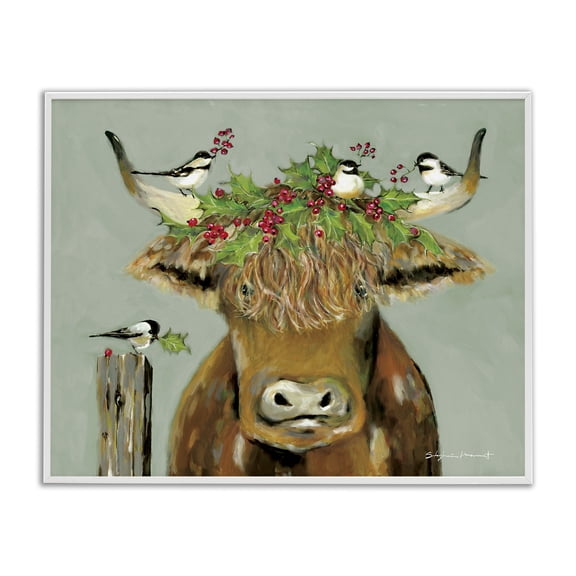 Stupell Industries Traditional Cattle & Birds Holiday Holly White Framed Giclee Art, 20 x 16, by Stephanie Workman Marrott