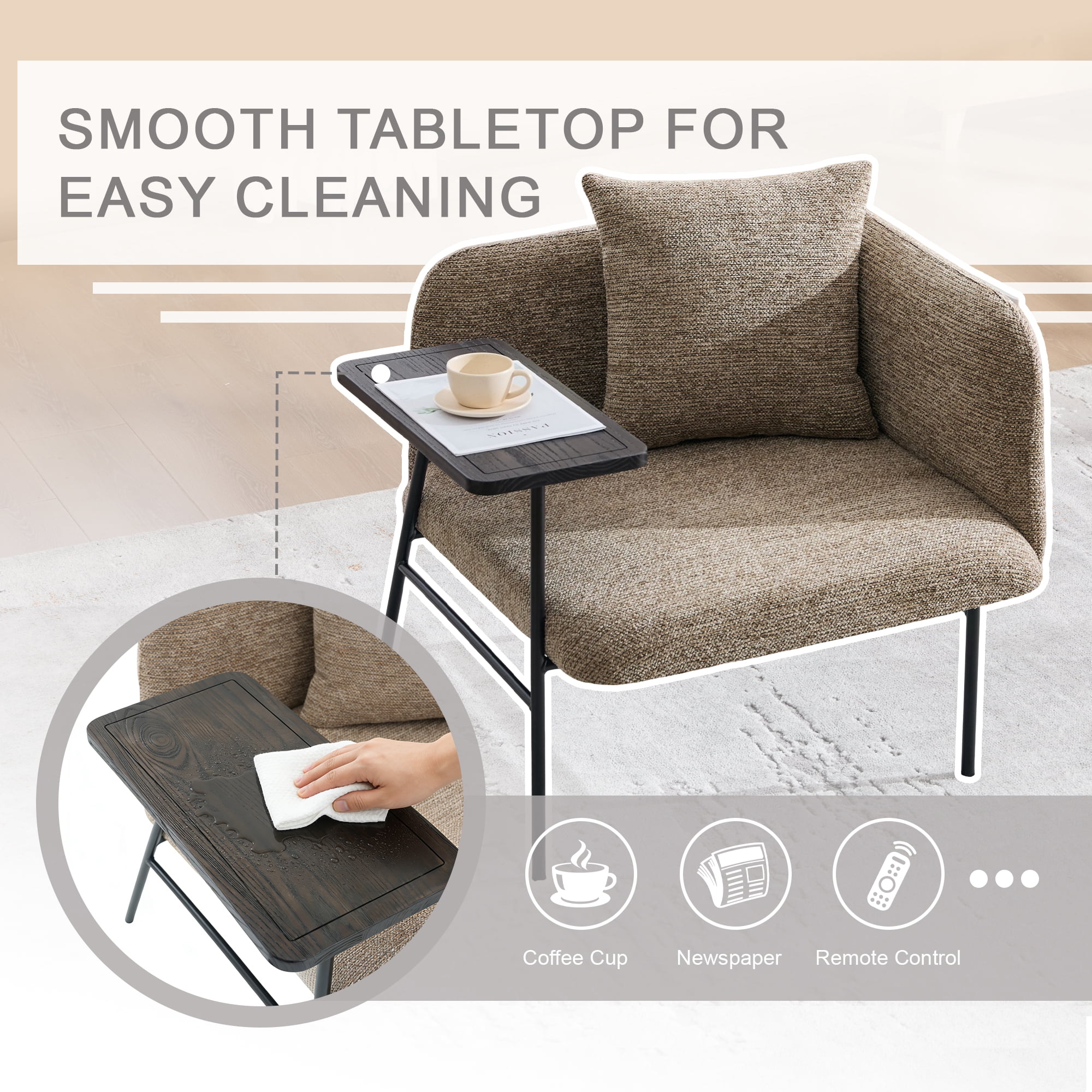 Lounge Accent Chair with Small Table and Pillow, Modern Upholstered Single Sofa Armchair with Side Pockets and Metal Legs, Reading Seating for Bedroom Home Office, Khaki