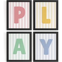 Aingg Playroom Decor, Colorful Kids Nursery Toddler Room Wall Art Prints 4Pcs, Pastel Striped Kids Play Room Posters for Toddler Boys Girls Kid Nursery Room Bedroom Playroom, Unframed