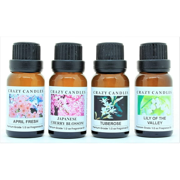 Crazy Candles 4 Bottle Set, 1 April Fresh, 1 Japanese Cherry Blossom, 1 Tuberose, 1 Lily of The Valley 1/2 Fl Oz Each (15ml) Premium Grade Scented Fragrance Oils