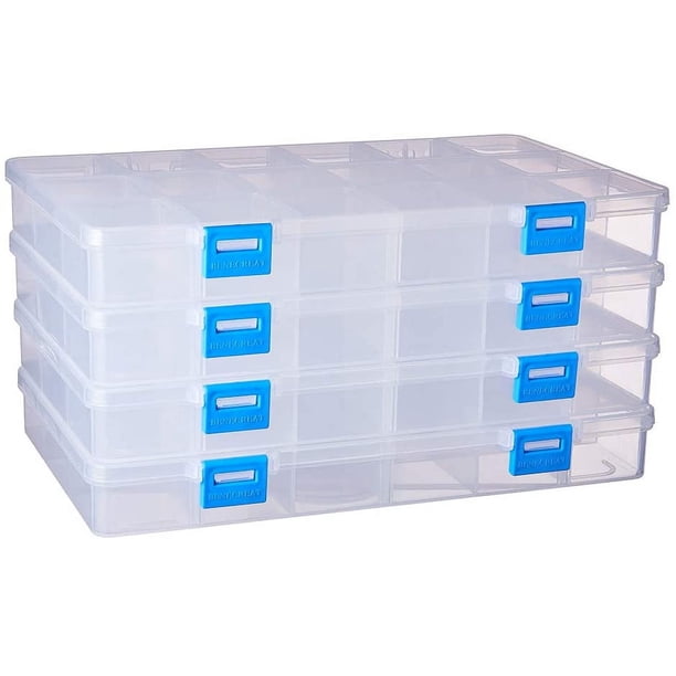 Caja de almacenamiento grande de plástico transparente de 18 rejillas, paquete de 4, organizador de cuentas con divisores ajustables