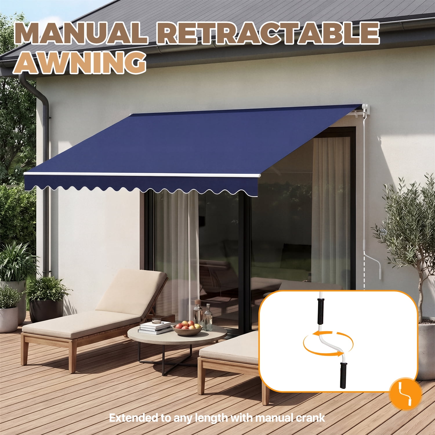 BaPiPro 12'x10' Manual Retractable Awning for Patio, Outdoor Sun Shade Waterproof Fabric Canopy with Crank Handle, UV Protection for Deck Balcony,Blue