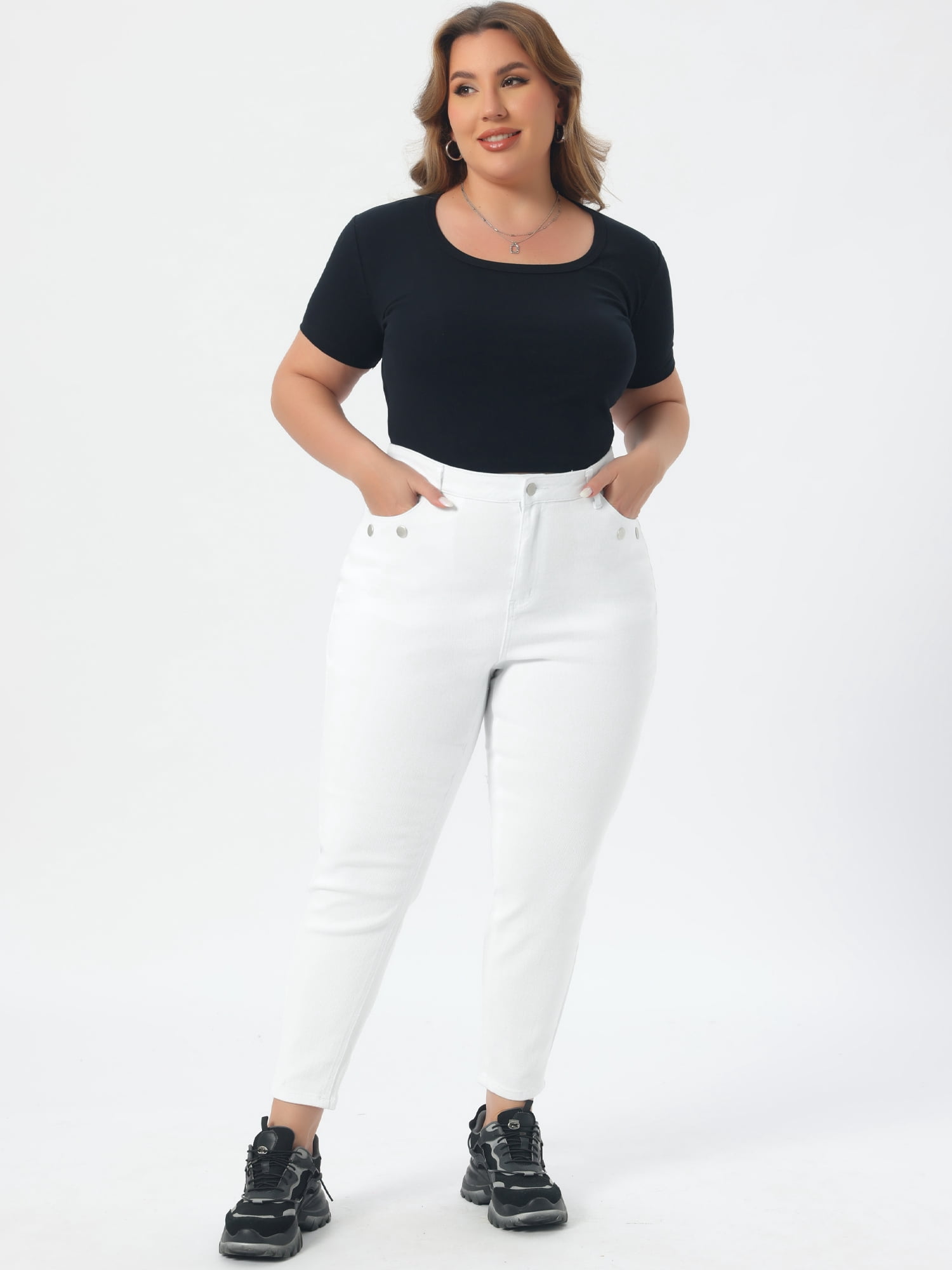 DARING DIVA Women's Plus Size Mid Rise Stretch Washed Skinny Jeans 2X White