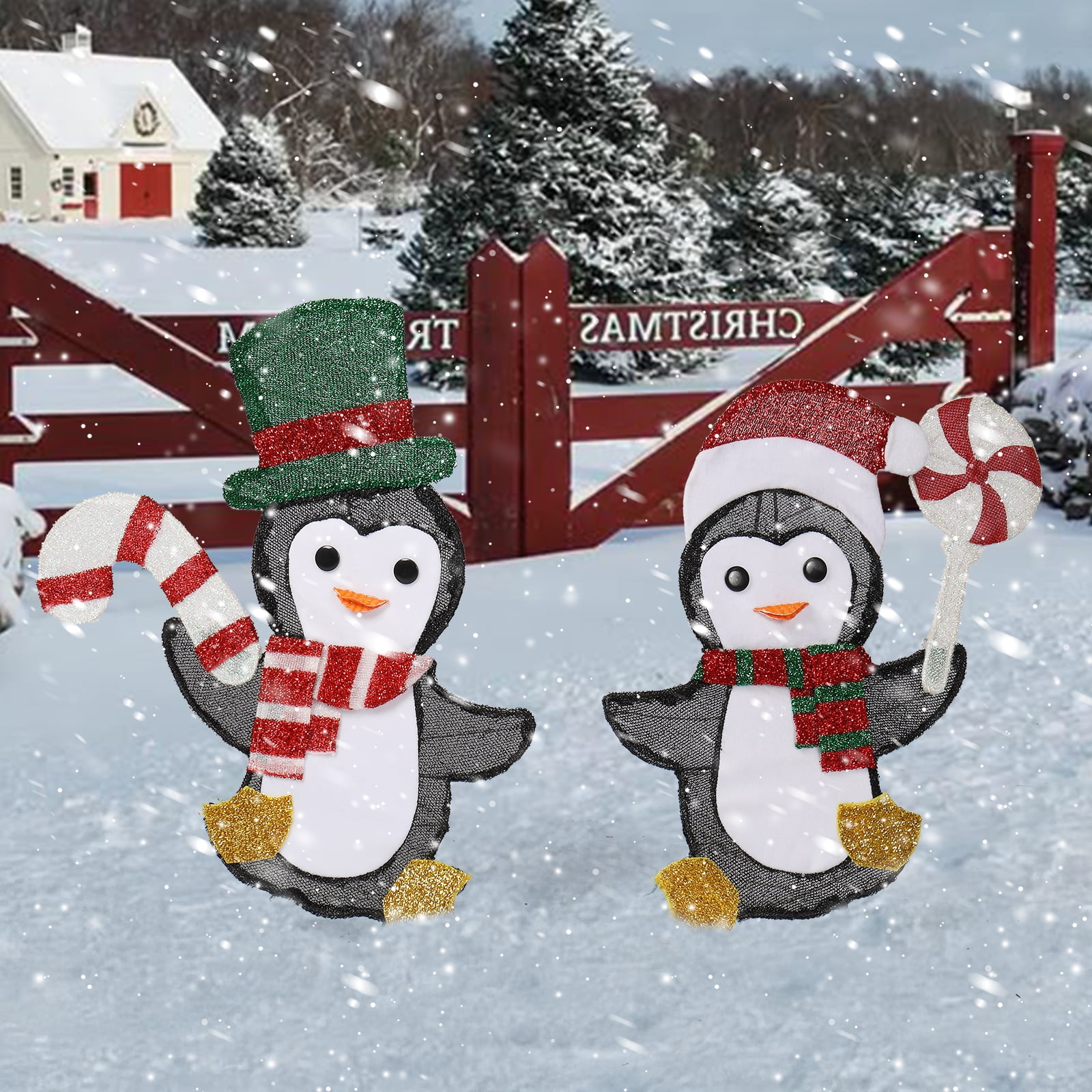 Astoutdoor Set of 2 Lighted Penguin and Candy Cane Christmas Decorations, Pre-lit 2D Holiday Decor with 80 Warm White LED Lights for Indoor Outdoor Use