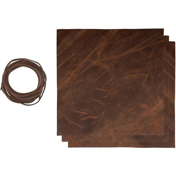 ELW 9-10 oz 3.6-4mm Bourbon Brown Full Grain Leather Craft Sheets Set of 3 Pieces 12"x12" Plus 36 Leather Cord Braiding String, Oil Tanned Real Cowhide for Tooling, Carving, Repair, Knife Sheaths