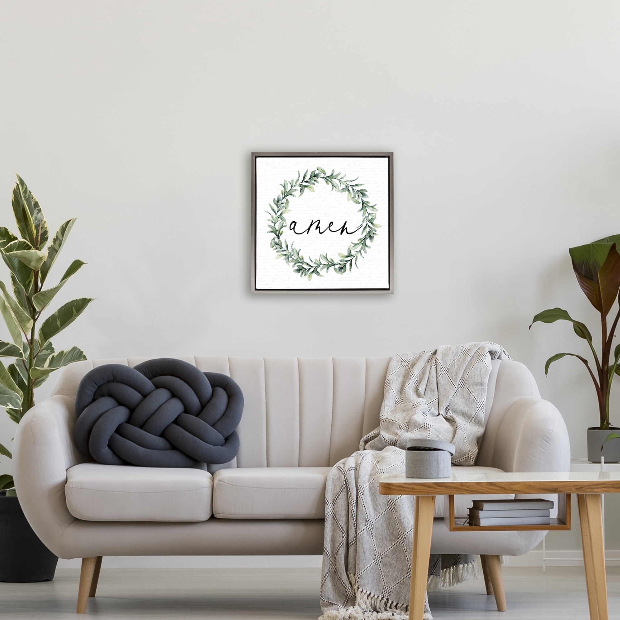 Amen Botanical Wreath & Script Gray Framed Floater Canvas Wall Art, design by Lettered and Lined