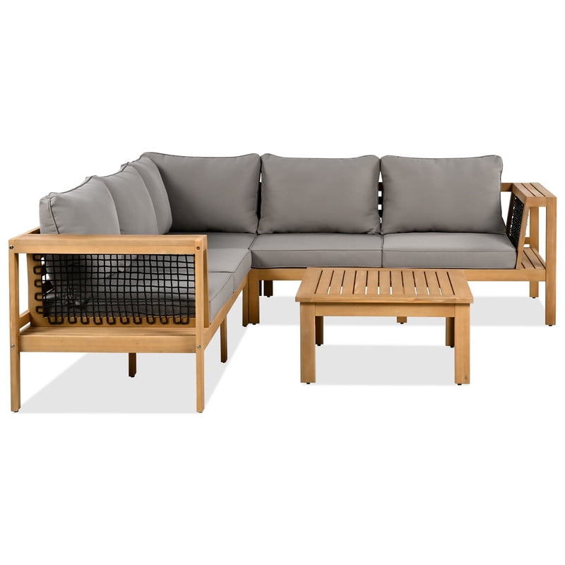 4 Pieces Outdoor Acacia Wood Sectional Sofa Set with Cushions & Coffee Table, Patio Furniture Set with Woven Mesh Armrests and Side Table