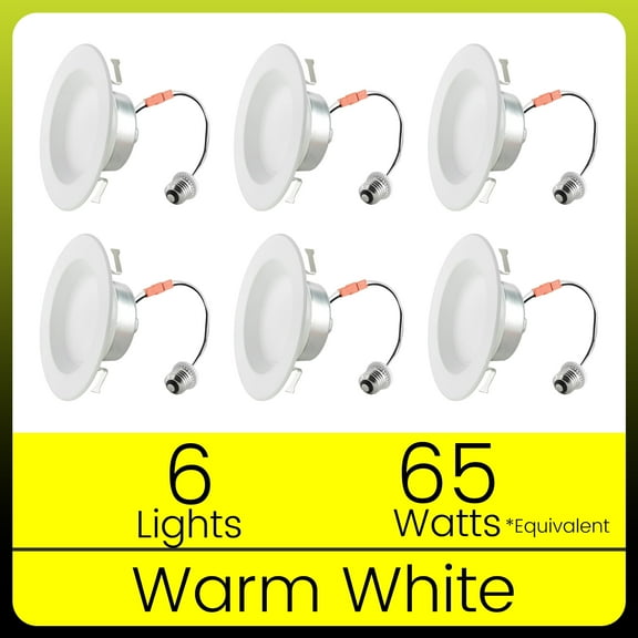 Green Watt 850 Lumens 4" LED Recessed Downlight, 13-Watt (65-watt replacement), Warm White, dimmable, 6-Pack