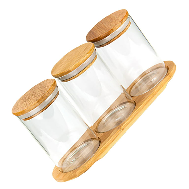 Bamboo Glass Cylinder Storage Jars Wooden Small Box Containers