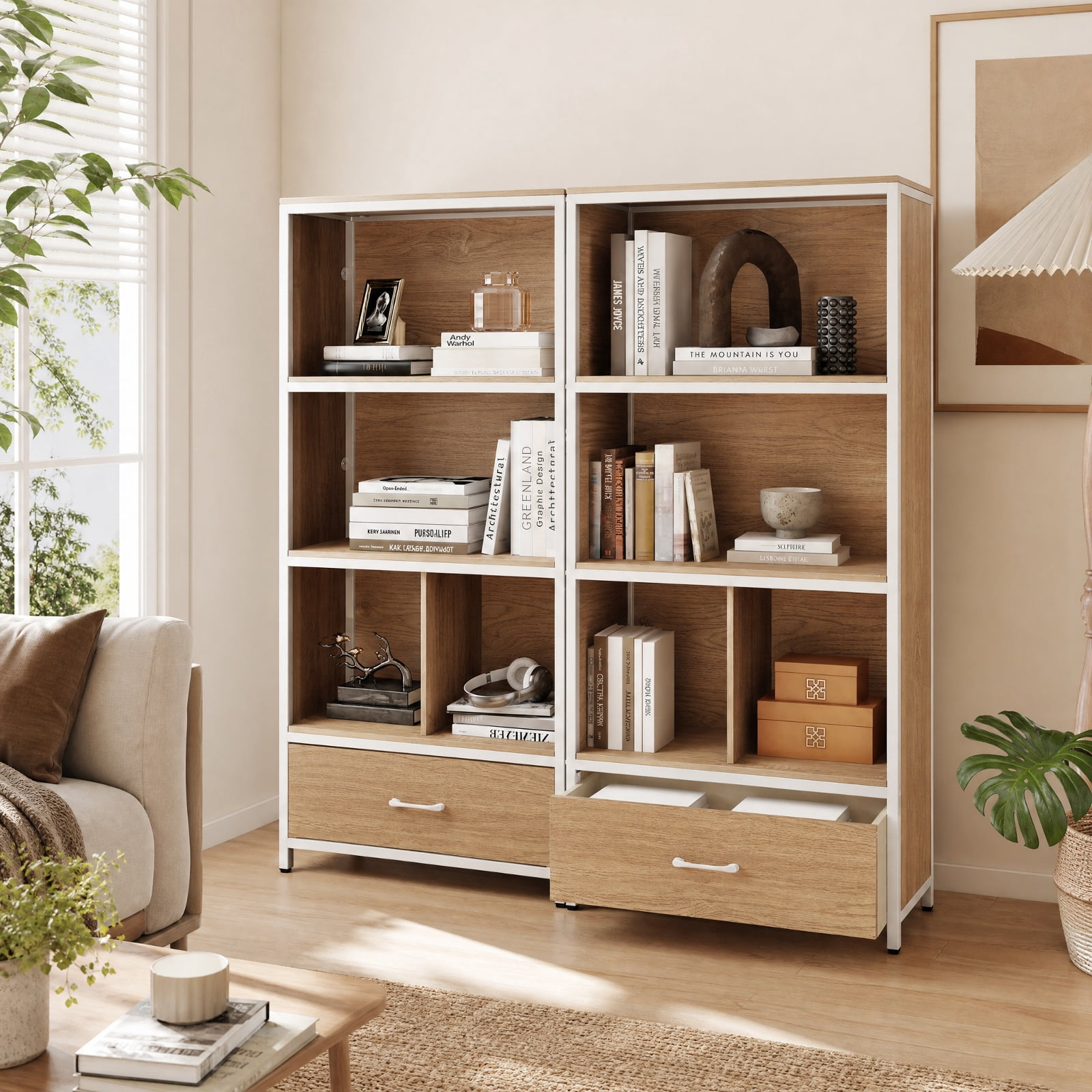 Furnibear 56" Tall Freestanding Bookcase with Drawer 5 Tier for Living Room Home Office Bedroom Display Storage Shelf, Natural