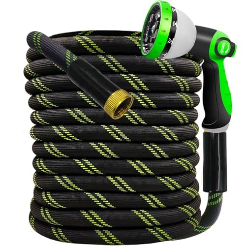 Garden Hose 50 FT,NON-EXPANDABLE Heavy-Duty Flexible & Lightweight Water Hose with 10-Function Nozzle,No-Kink Design,Leak-Proof Super Fabric,Solid Fittings for Lawn,Car,RV,Outdoor