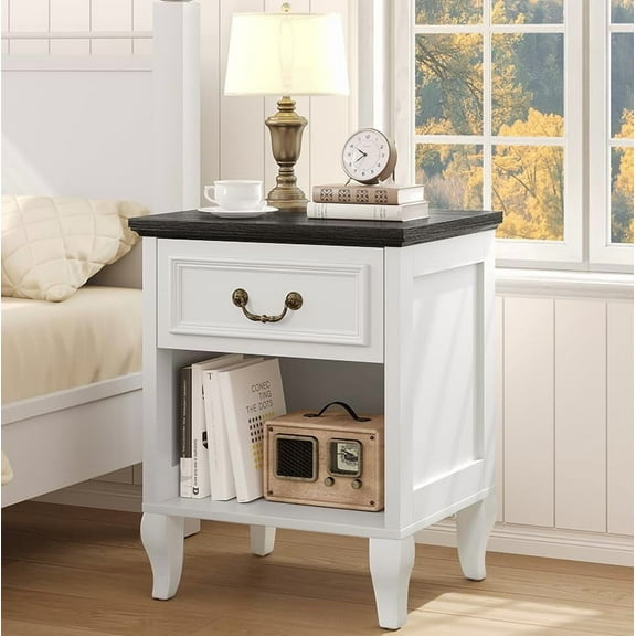 DYUKFG Night Stand for Bedroom, Farmhouse Nightstand with Drawer & Open Storage Shelf, Modern White Bedside Table End Table with Wooden Legs for Bedroom & Small Spaces