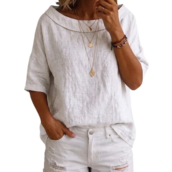 Womens Shirts Boat Neck Half Sleeve Linen Blouse Casual Loose Fit Solid Color Cotton Linen Summer Lightweight Tops White S
