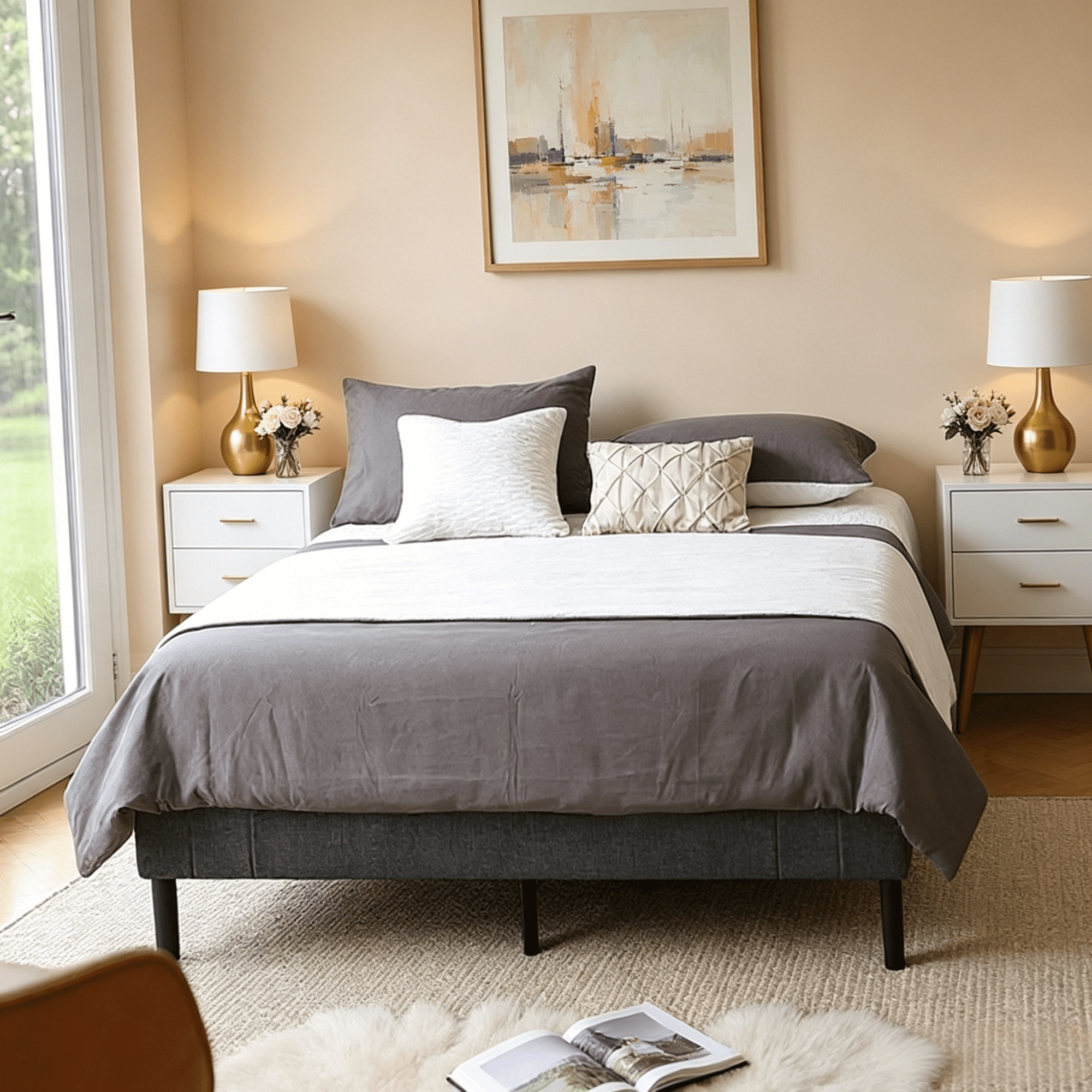 Gewnee KING Size Platform Bed Frame with Wood Slats & Center Support Leg,Under-Bed Clearance for Robot Vacuum,No Box Spring Needed.Gray