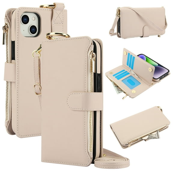 for iPhone 13 Wallet Case, Multi-Functional Purse Case with Card Holders Zipper Pocket, RFID Blocking Full Body Case, Shoulder Strap Wristband Crossbody Cover for iPhone 13, White
