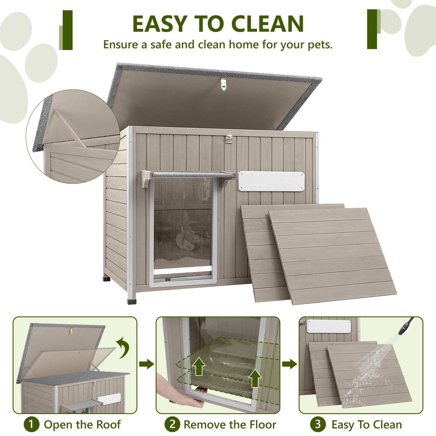 PETSCOSSET Outdoor Dog House Wooden Pet House - Openable Roof, Removable Floor - Gray